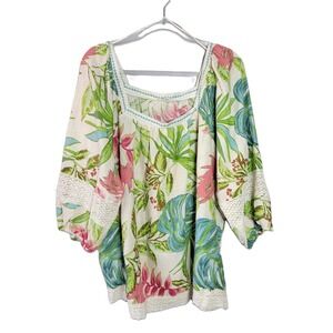 Nicole Miller New York Linen Blend Top Women's Plus 2X Floral Square Neck Boho
